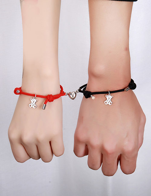 Fashion A Pair Of Love Magnet Bear Black And Red String Stainless Steel Bear Magnet Heart Bracelet Set
