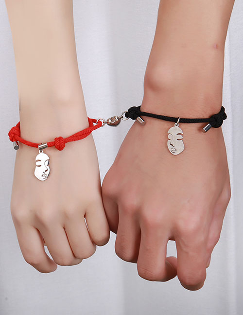 Fashion A Pair Of Love Magnet Human Face Black And Red Rope Titanium Steel Face Magnetic Heart Bracelet Set