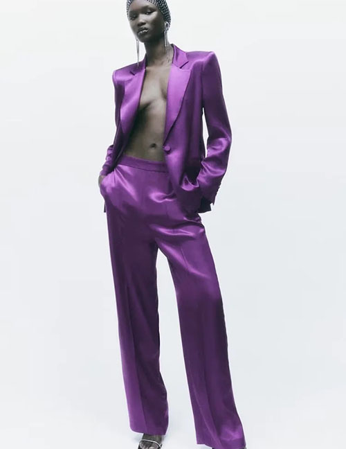 Fashion Purple Silk Satin Straight-leg Trousers