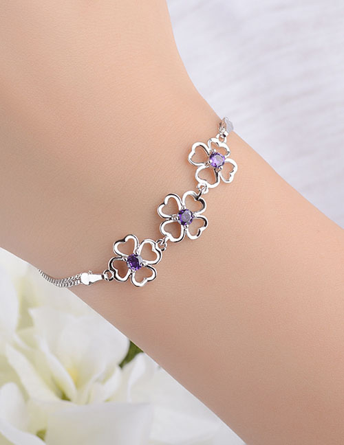 Fashion Purple Diamond (platinum Plated Copper) Copper And Diamond Four-petal Flower Double Layer Bracelet