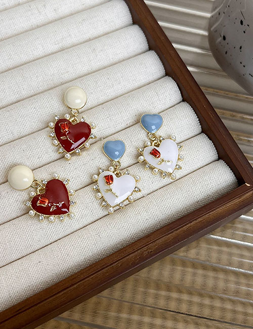 Fashion B Red Alloy Diamond And Pearl Heart Earrings