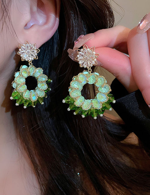 Fashion Green Crystal Woven Pearl And Zirconia Flower Drop Earrings