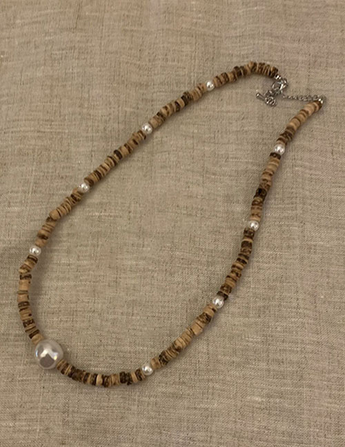 Fashion Necklace - Khaki Alloy Geometric Pearl Disc Beaded Necklace
