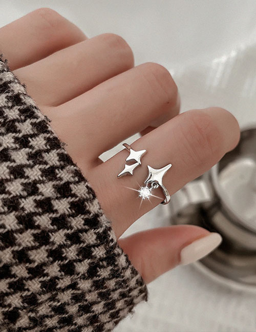 Fashion Silver Alloy Diamond Four-pointed Star Open Ring