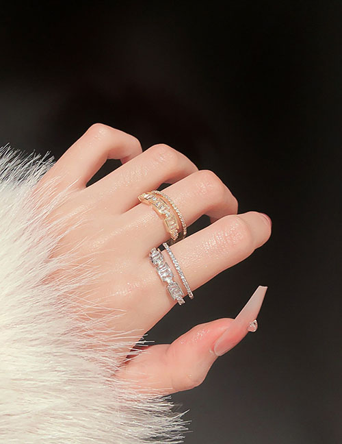 Fashion Ring - Silver (snake) Copper Inlaid Zirconia Double Split Ring