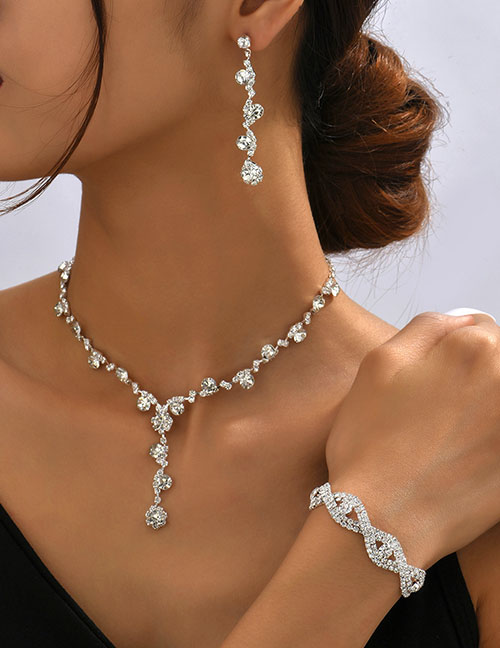 Fashion Silver Geometric Diamond Earrings Necklace Bracelet Set