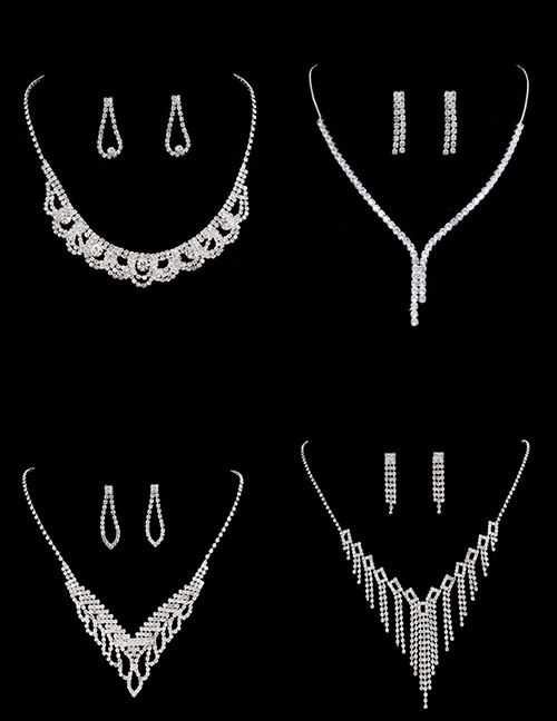 Fashion 5# Geometric Diamond Earrings Necklace Set