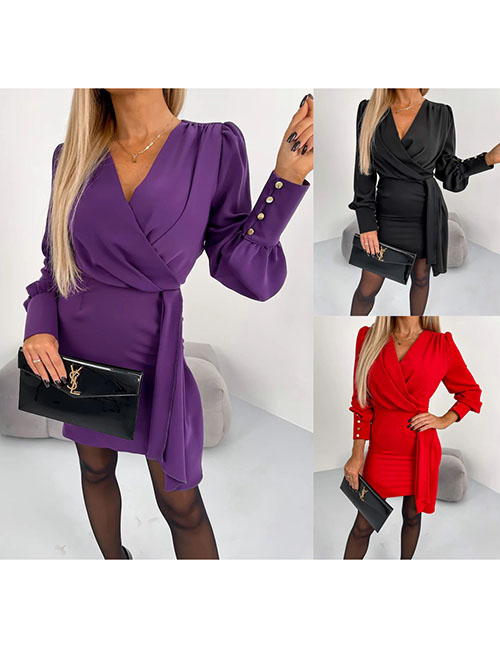 Fashion Purple Solid Color Long Sleeve V Neck Dress