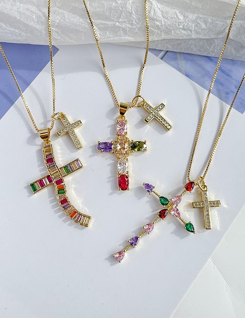 Fashion Golden 2 Copper Paved Zirconia Cross Pendant Necklace