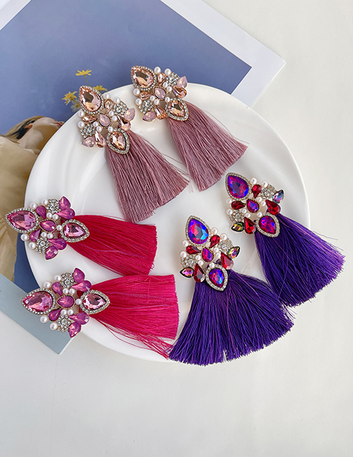 Fashion Purple Alloy Diamond Drop Long Tassel Earrings