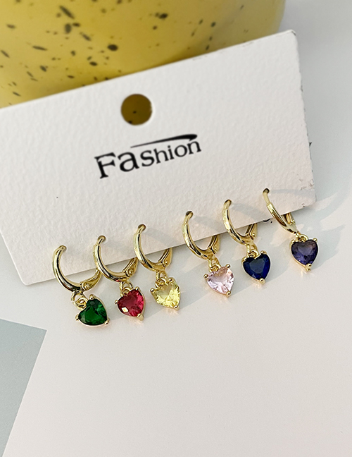 Fashion Color Set Of 6 Copper Inlaid Zircon Love Heart Pendant Earrings
