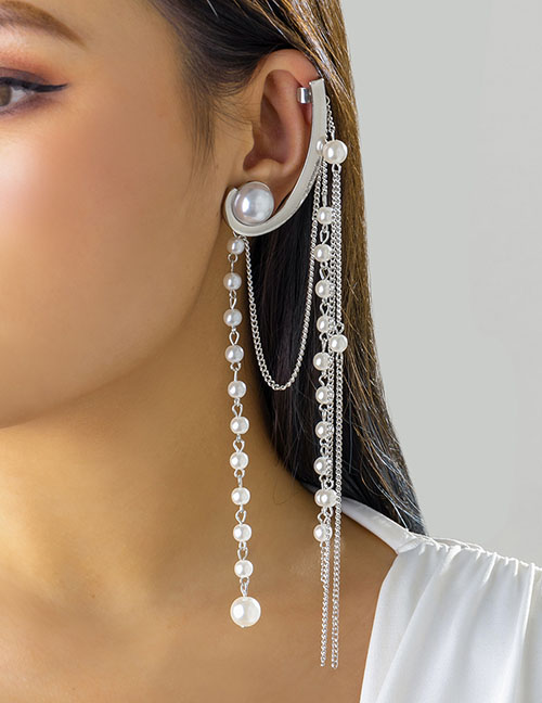 Fashion Silver Alloy Geometric Pearl Chain Tassel Ear Clip