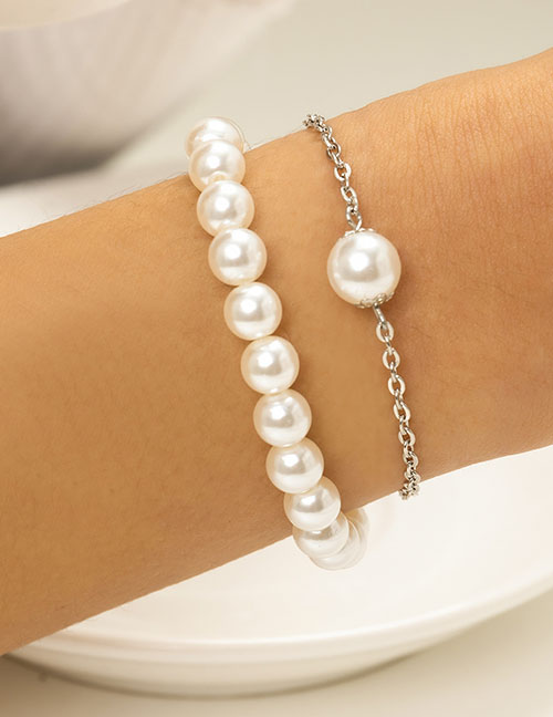 Fashion Silver Pearl Beaded Bracelet Set
