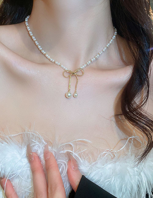 Fashion Necklace - Gold Pearl Beaded Bow Pearl Necklace