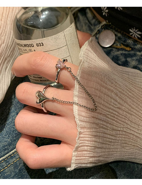 Fashion Open Ring - Silver (double Finger Ring) Alloy Diamond Heart Chain Tassel Open Ring