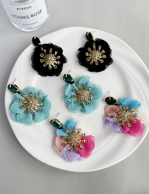 Fashion Black Alloy Diamond Fabric Flower Stud Earrings