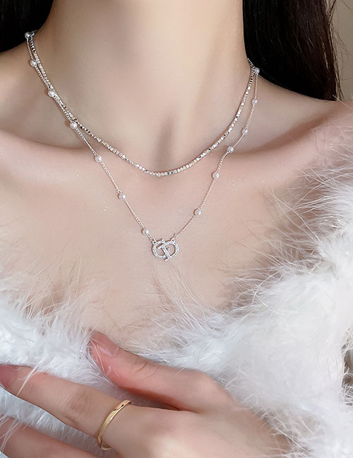 Fashion Necklace - Silver Alloy Inlaid Zirconium Alphabet Pearl Double Layer Necklace