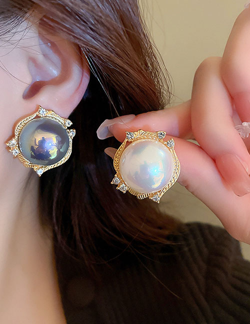 Fashion Ear Clip - Gray Blue Alloy Diamond-encrusted Pearl Hoop Ear Clips