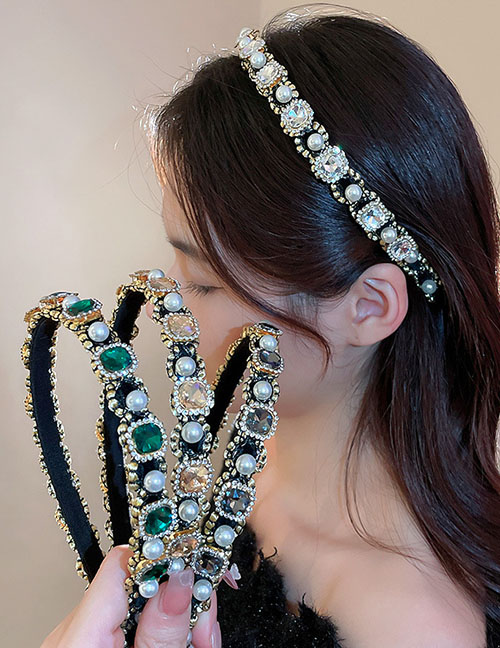 Fashion Headband - Green Alloy Diamond And Pearl Hairband
