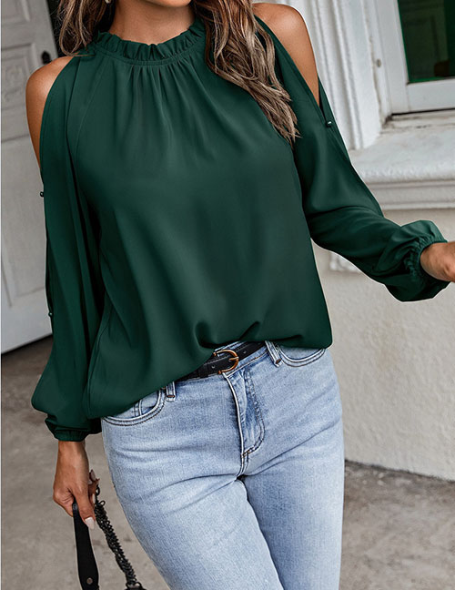 Fashion Dark Green Solid Color Ruffled Round Neck Long-sleeved Off-shoulder Top