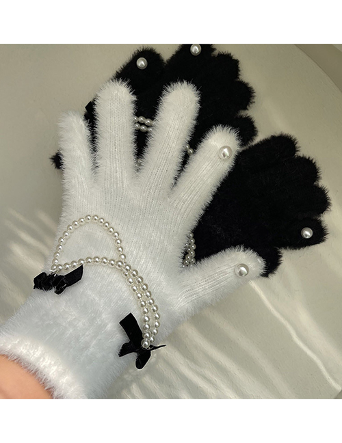 Fashion White Flocked Bowknot Pearl Chain Rex Rabbit Fur Gloves