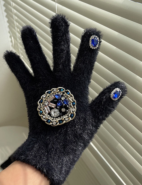 Fashion White Nylon Diamond-encrusted Flower Plate Imitation Rex Rabbit Fur Five-finger Gloves