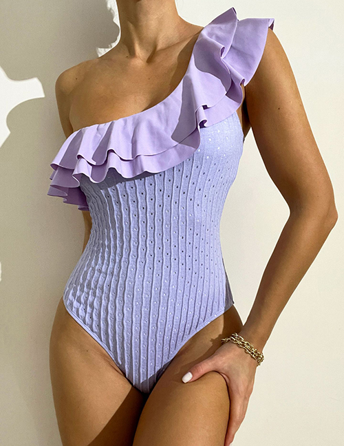 Fashion Purple Polyester Ruffled One-shoulder Swimsuit