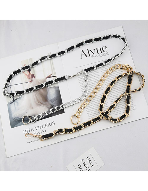 Fashion Gold Aluminum Chain With Black Rope (hook Buckle) Braided Leather Waist Chain