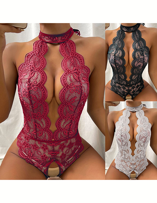 Fashion Wine Red Hollow-out Lace One-piece Halterneck Underwear
