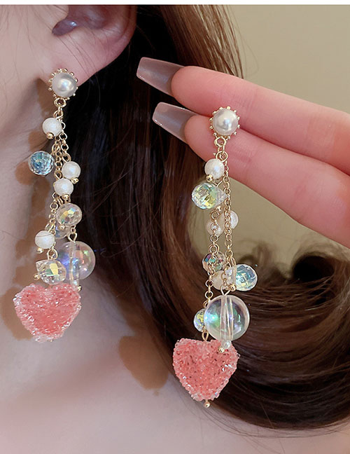 Fashion Gold Geometric Pearl Crystal Chain Tassel Heart Drop Earrings