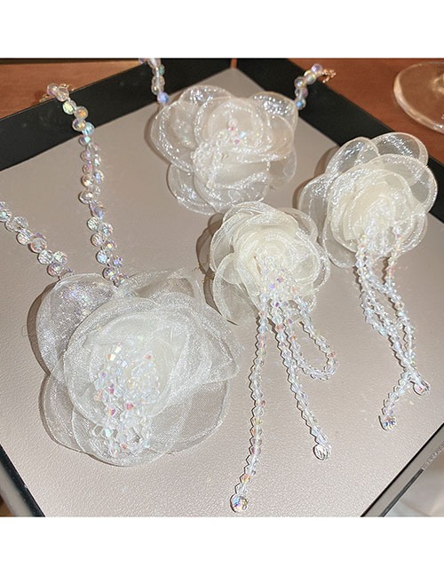 Fashion Necklace - White Crystal Beaded Mesh Flower Necklace