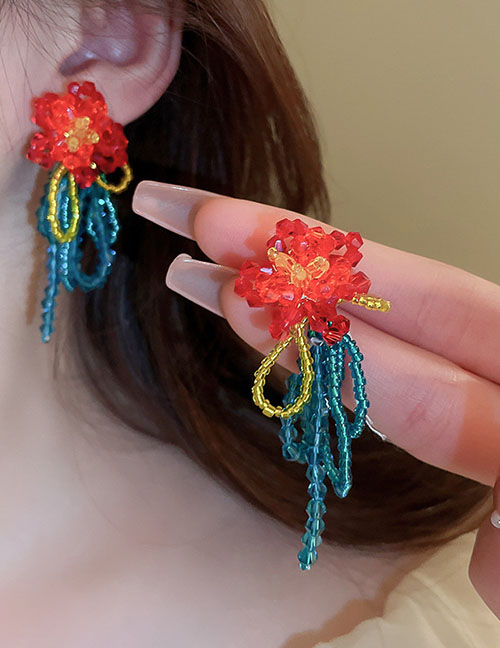 Fashion Red Multicolored Crystal Braided Tassel Flower Earrings