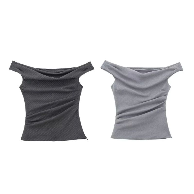 Fashion Light Gray Blended Pleated One-shoulder Top