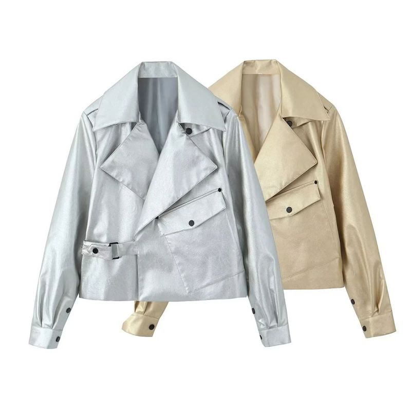 Fashion Golden Polyester Shiny Leather Lapel Jacket