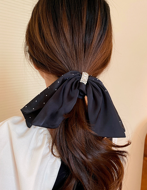 Fashion Hair Tie - Black Fabric Diamond Starpoint Bow Ruffled Hair Tie Ring