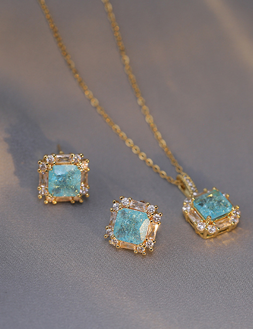 Fashion Blue Suit {x1594 E312 } Titanium Steel Inlaid Zirconia Square Necklace And Earrings Set