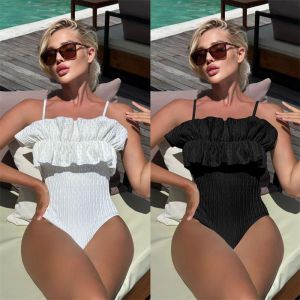 Fashion White Polyester Ruffled One-piece Swimsuit