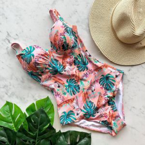Fashion Leaf White Bird Print Polyester Printed One-piece Swimsuit