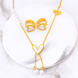Fashion Suit Titanium Steel Pearl Beads Spliced Chain Shell Love Y Shape Necklace Earring Set