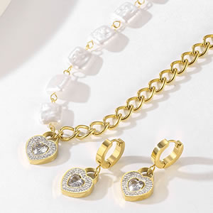 Fashion Gold Suit Ks203893-ksp Titanium Steel Square Pearl Splicing Chain Diamond Love Necklace And Earrings Set
