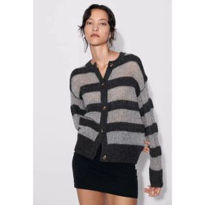 Fashion Black And Gray Stripes Wool Knitted Striped Cardigan Jacket