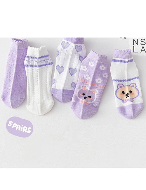 Fashion Bow Flower [5 Pairs Of Soft Thin Cotton Socks] Cotton Printed Children's Middle Tube Socks