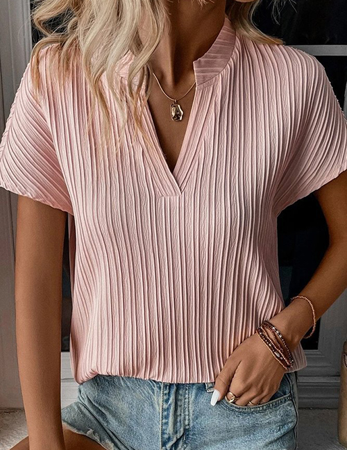Fashion Pink Polyester V-neck Vertical Stripe Short Sleeves