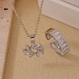 Fashion White Gold And White Diamonds Copper Set Square Zirconium Ring Fireworks Necklace Set