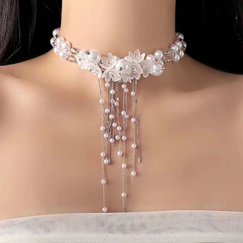 Fashion White Pearl Flower Tassel Necklace