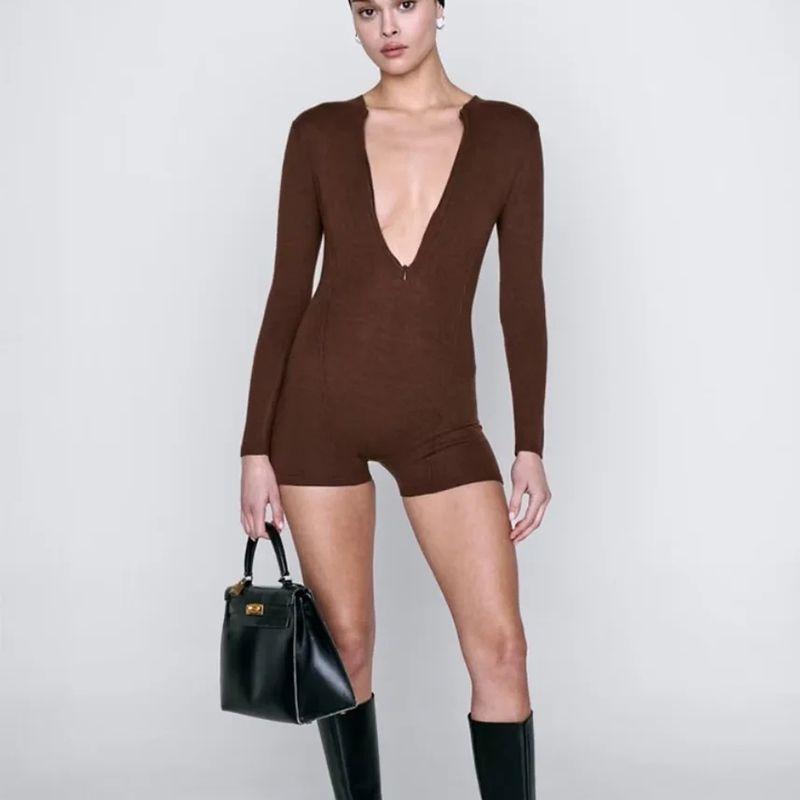 Fashion Brown Knitted Zipper Jumpsuit