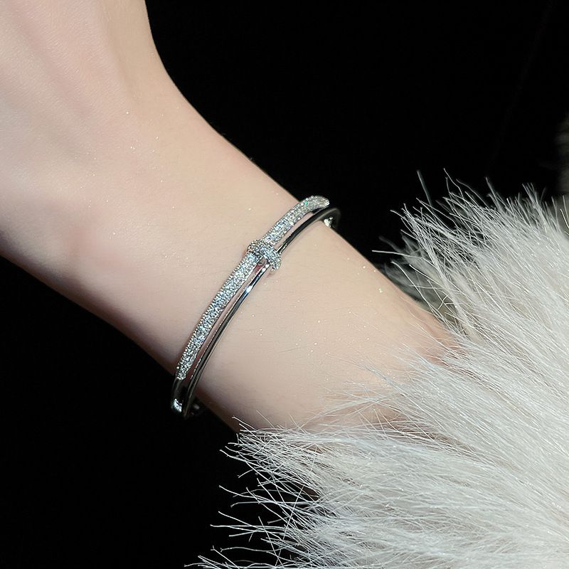 Fashion Bracelet - Silver Metal Zirconium Double Layer Open Bracelet