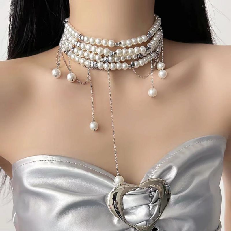 Fashion Silver Multi-layered Pearl Beaded Tassel Necklace