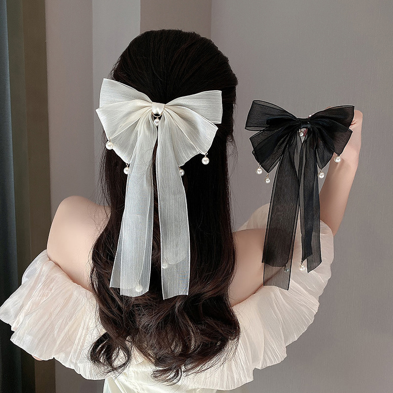 Fashion Black Ribbon Bow Mesh Streamer Bow Hairpin 