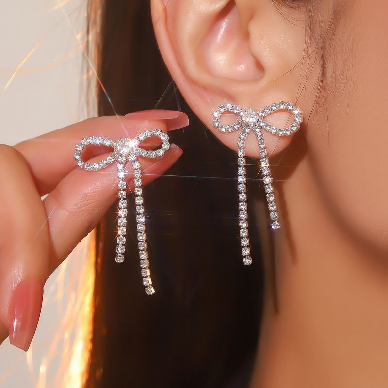 Fashion Silver Geometric Diamond Bow Earrings